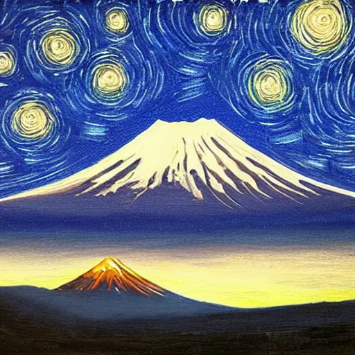 Prompt: painting of mount Fuji in style of starry night