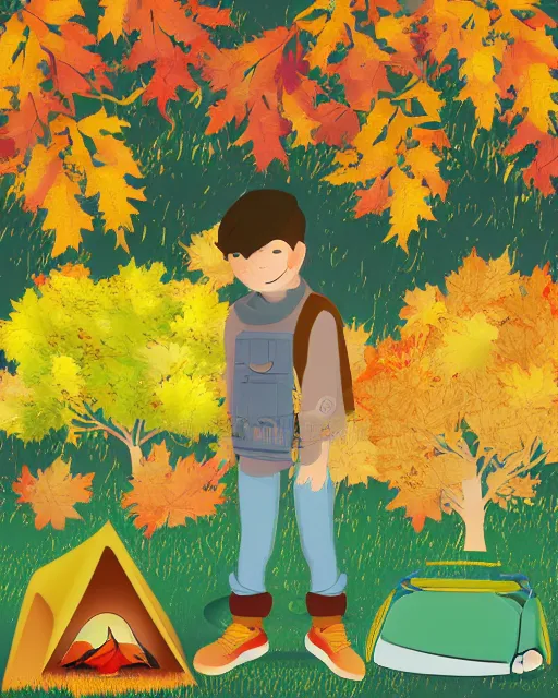 Image similar to autumn hillside boy with camping bag illustration light color