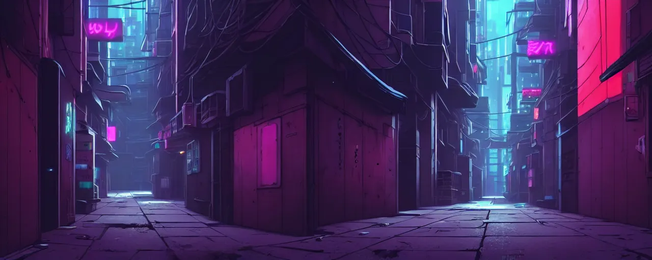 Image similar to a close up of a city alleyway in the atmospheric cyberpunk anime film, gouache matte background painting, neon noir, at night with lights, by makoto shinkai, in the anime series ergo proxy, beautiful specular edge highlights and rim lighting