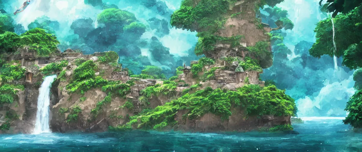 Image similar to a small crumbling island with waterfalls flowing off the island, floating in space, studio ghibli, digital art, detailed, depth of field