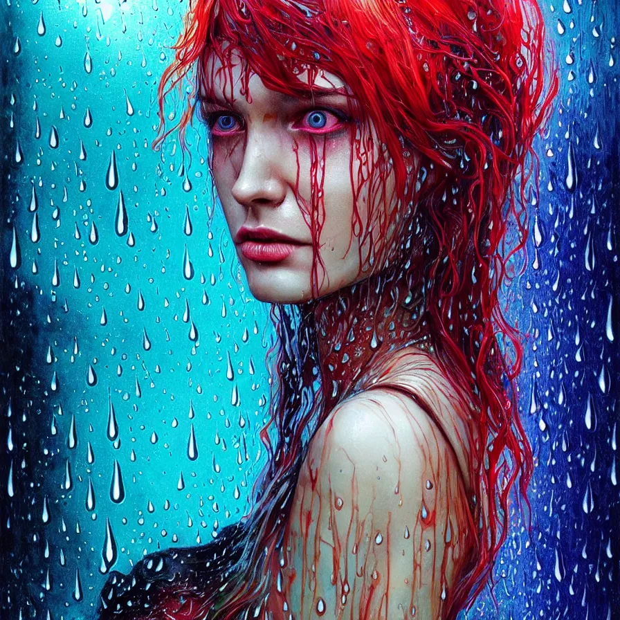 Image similar to bright asthetic portrait of LSD in rain with wet hair and face, liquid, fantasy, intricate, elegant, dramatic lighting, highly detailed, lifelike, photorealistic, digital painting, artstation, illustration, concept art, smooth, sharp focus, art by John Collier and Albert Aublet and Krenz Cushart and Artem Demura and Alphonse Mucha