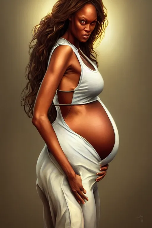 Prompt: pregnant tyra banks in a tank top, realistic portrait, symmetrical, highly detailed, digital painting, artstation, concept art, smooth, sharp focus, illustration, cinematic lighting, art by artgerm and greg rutkowski and alphonse mucha