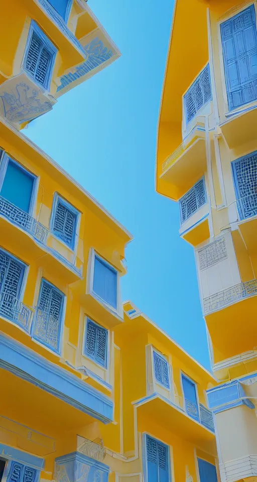 Image similar to pastel yellow turkish architecture in front of a light blue clear sky, beautiful, minimalistic, aesthetic, two tone, adult swim style