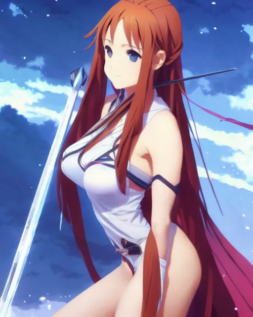 Prompt: photo of asuna from sao, asuna by a - 1 pictures, by greg rutkowski, magali villeneuve, gil elvgren, alberto vargas, earl moran,, art frahm, enoch bolles, glossy skin, pearlescent, anime, maxim magazine,