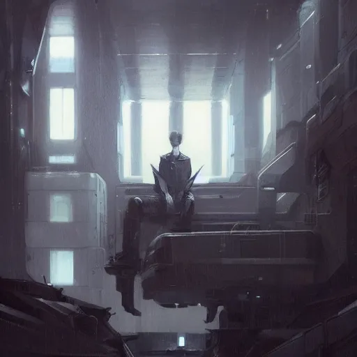 Image similar to concept art by greg rutkowski, a very tall, and slender man with short black hair, sitting with the crew in the ship's flight deck, brutalist futuristic interior, dark lighting atmosphere, detailed portraits, nostalgic atmosphere, scifi, digital painting, artstation, concept art, smooth, sharp foccus ilustration, artstation hq