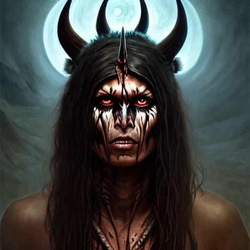 Image similar to evil native american skinwalker transformation, horror demon, heroic lighting, dark fantasy, intricate, elegant, highly detailed, lifelike, photorealistic, digital painting, artstation, illustration, concept art, smooth, sharp focus, art by John Collier and Albert Aublet and Krenz Cushart and Artem Demura and Alphonse Mucha