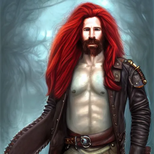 Image similar to portrait of a rugged!!!! male captain with long red hair!!!!!!, upper body, flowing hair, ethereal, handsome, leather coat, Steampunk zeppelin!!!!!!!, D&D, fantasy, simple clothing!!!!, elegant, highly detailed, digital painting, deviantart, artstation, concept art, sharp focus, illustration, art by Artgerm and Greg Rutkowski and Alphonse Mucha