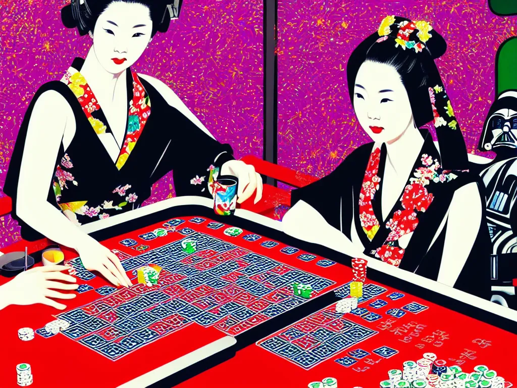 Image similar to hyperrealistic composition of the detailed woman in a japanese kimono sitting at a extremely detailed poker table with detailed darth vader, fireworks, mount fuji on the background, pop - art style, jacky tsai style, andy warhol style, acrylic on canvas