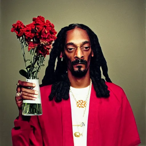 Image similar to Snoop Dogg holding a Vase of flowers for a 1990s sitcom tv show, in style of Julia Margaret Cameron, Studio Photograph, portrait, C 12.0