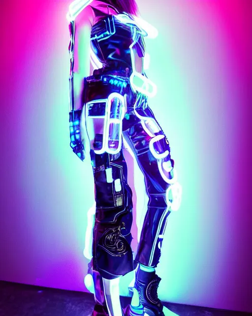 Image similar to full body shot of young punk woman dressed in futuristic cyberpunk clothing, colorful, night, soft neon light, bjork aesthetic, translucent, by rineke dijkstra and artgerm, intricate details, highly detailed, masterpiece, 8 5 mm