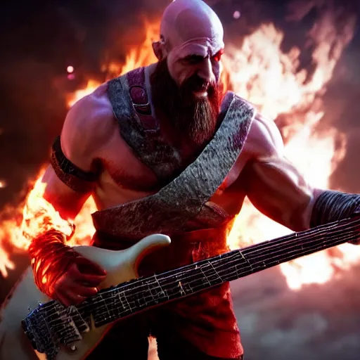 Image similar to kratos shredding on a flaming stratocaster guitar, cinematic render, god of war 2 0 1 8, santa monica studio official media, lightning, spartan rage, head turned