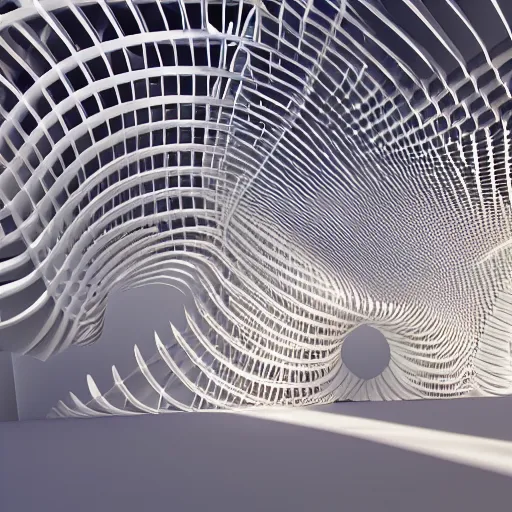 Prompt: fractal geometric pavilion architecture designed by santiago calatrava, flow, generative design, artstation, unreal engine.