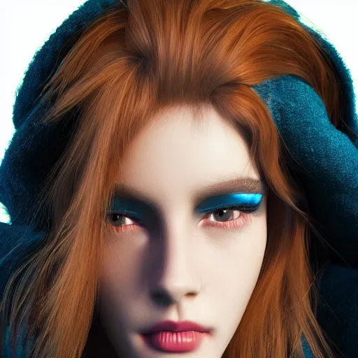 Prompt: model posing in big fluffy hoodie high fashion, cyberpunk, photorealistic, 4 k, super detailed, 8 k