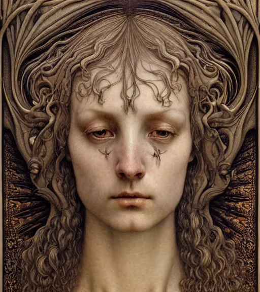 Prompt: detailed realistic beautiful young medieval alien face portrait by jean delville, gustave dore and marco mazzoni, art nouveau, symbolist, visionary, gothic, pre - raphaelite. horizontal symmetry by zdzisław beksinski, iris van herpen, raymond swanland and alphonse mucha. highly detailed, hyper - real, beautiful