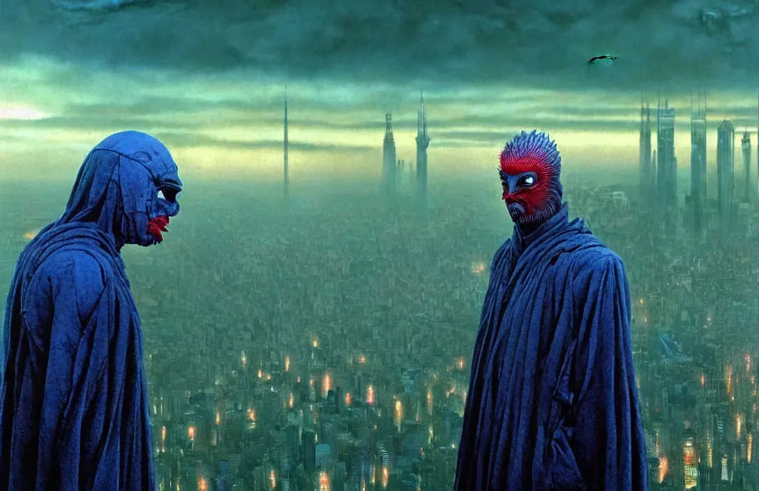 Image similar to realistic detailed portrait movie shot of a birdman wearing dark ragged robes, futuristic city sunset landscape background by denis villeneuve, amano, yves tanguy, alphonse mucha, ernst haeckel, max ernst, roger dean, ridley scott, rich moody colours, blue eyes