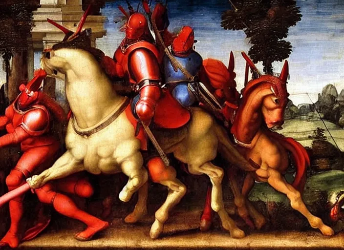 Image similar to a renaissance painting of a war between knights in red armor riding horses and drow warriors riding giant spiders, by raphael, great masterpiece, award winning historic painting, dynamic composition