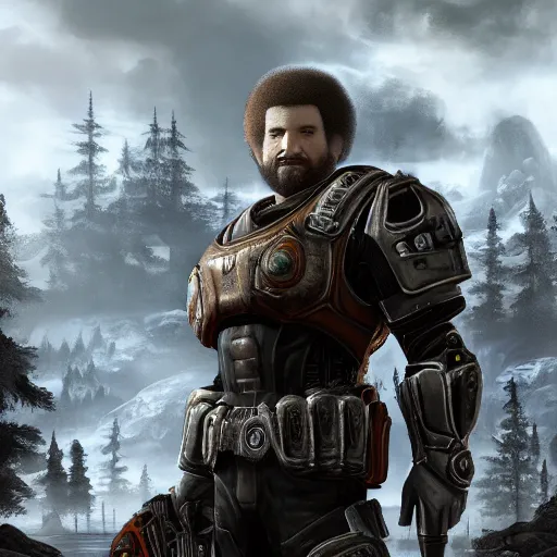 Image similar to Portrait of Bob Ross in Gears of War, gloomy unreal engine 5 render