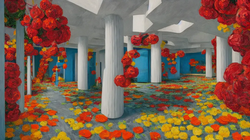 Image similar to colorful minimalist industrial interior hallway with monolithic pillars in the style of ridley scott and stanley kubrick, impossible stijl architecture, bed of flowers on floor, ultra wide angle view, realistic detailed painting by edward hopper