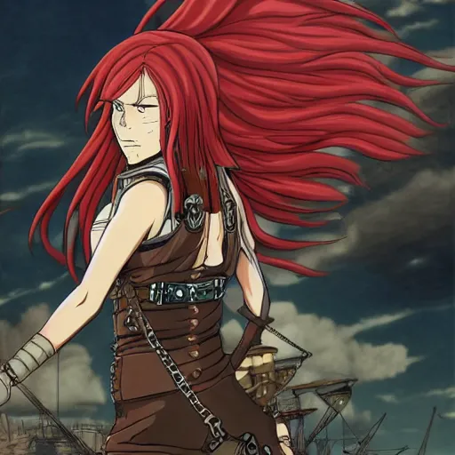 Image similar to sky-pirate with long red hair in front of a steampunk airship, vinland saga, anime style