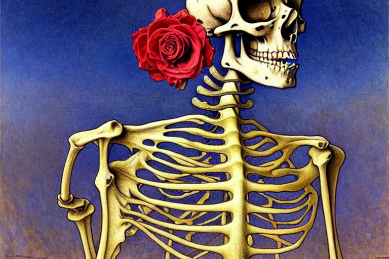 Prompt: realistic detailed portrait painting of a skeleton with a single rose in a dystopian desert by Jean Delville, Amano, Yves Tanguy, Alphonse Mucha, Ernst Haeckel, Edward Robert Hughes, Roger Dean, rich moody colours, blue eyes