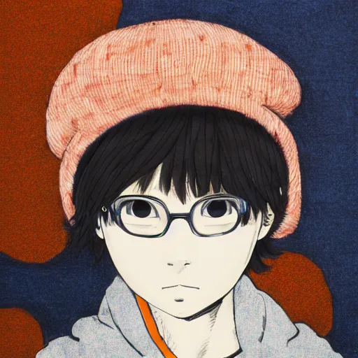 Image similar to a colorful portait of a boy with an orange hoodie made by inio asano, detailed