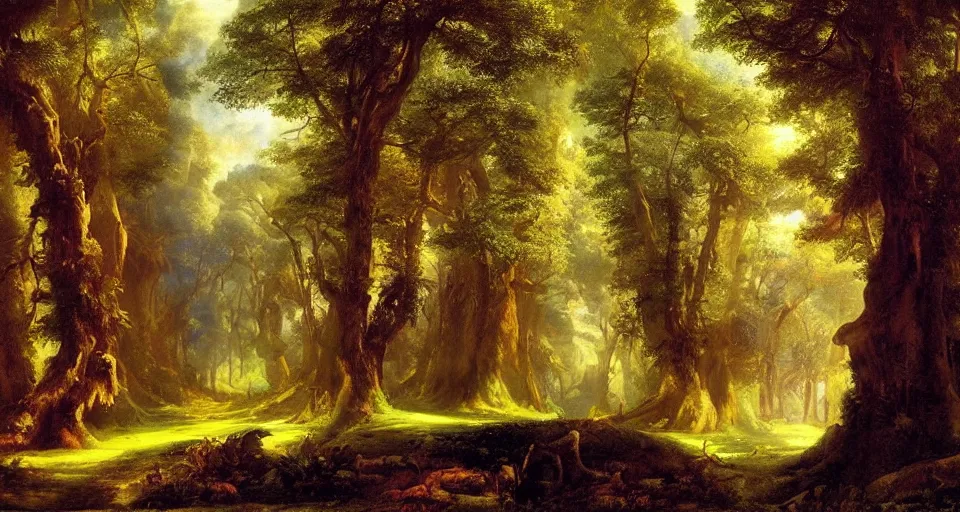 Image similar to Enchanted and magic forest, by John Martin