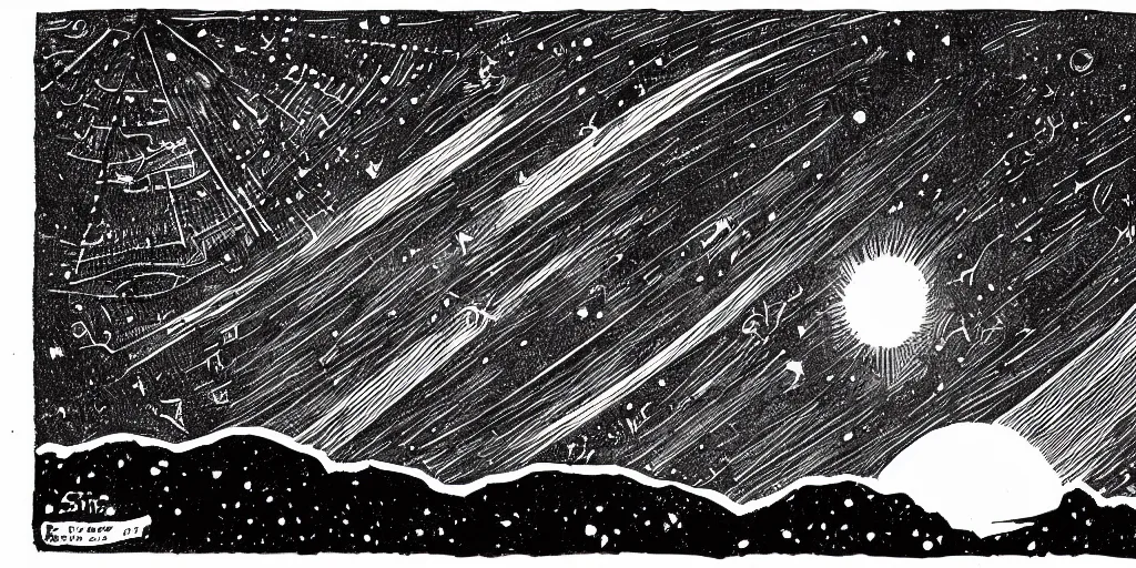 Image similar to ink lineart drawing of a shooting star towards a planet, comet, wide angle, seen from space, artstation, etchings by goya, chinese brush pen, illustration, high contrast, deep black tones contour