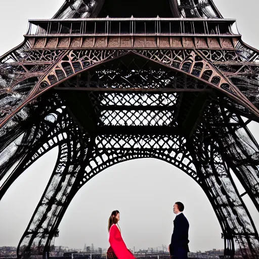 Image similar to two people kissing Infront of tour Eiffel, in style of Michael Angelo.