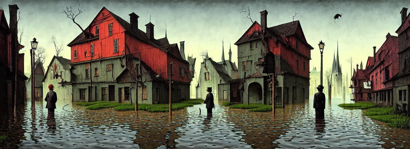 Image similar to flooded! old dark scary wooden empty cursed town street entrance, very coherent and colorful high contrast masterpiece by gediminas pranckevicius rene magritte norman rockwell franz sedlacek, full - length view, dark shadows, sunny day, hard lighting, reference sheet white background