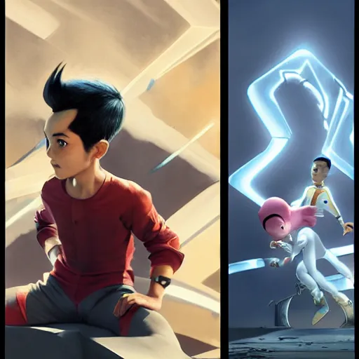 Image similar to portrait of Astroboy, centered full body pose, zenith angle, shadowy area, dramatic lighting, concept art, digital painting, Unreal Engine 5, 8K, art by artgerm and Greg Rutkowski and Alphonse Mucha