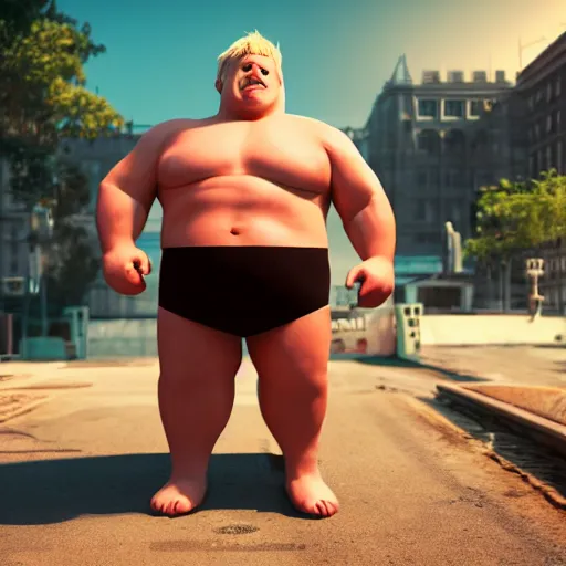 Prompt: Boris Johnson with captain underpants body, realistic artstyle, wide shot, dramatic lighting, octane render, hyperrealistic, high quality, highly detailed, HD, beautiful, cinematic, 8k, unreal engine, facial accuracy, symmetrical