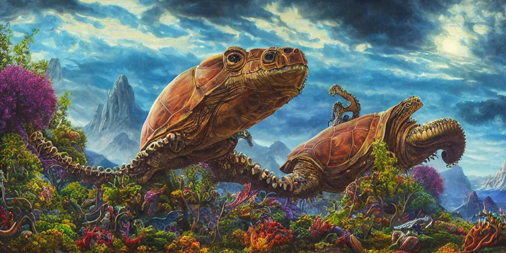 Image similar to fantasy oil painting, great leviathan, cybernetic turtle cephalopod terrapin reptilian pachyderm squid, bella hadid, hybrid, milla jovovich, anubis, epic natural light, lush plants flowers, spectacular mountains, bright clouds, luminous sky, outer worlds, golden hour, michael cheval, edward hopper, michael whelan, vray, hd