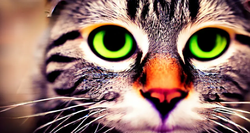 Image similar to up close fisheye lens photo of a cats face, macro photography, complementing colors, film