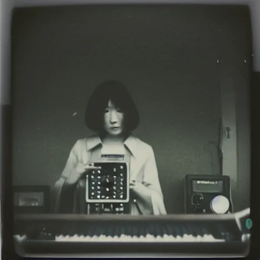 Image similar to 1 9 7 0 s polaroid of a female japanese musician playing a vintage modular synthesizer, hazy, faded