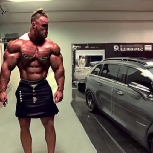 Image similar to still of chris bumstead in a skirt