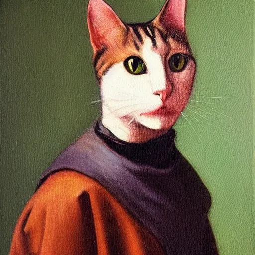 Prompt: A oil painting portrait of a cat wearing a turtleneck in the style of Johannes Vermeer,