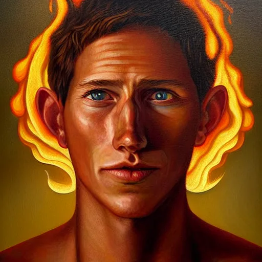 Prompt: a hyper realistic painting of a young fire - man, by jeffrey smith, by andrea kowch