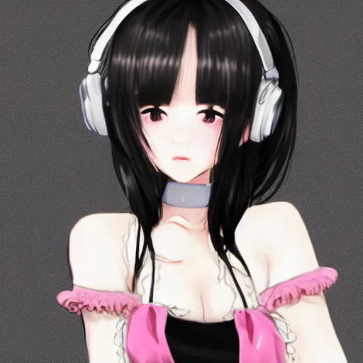 Image similar to realistic beautiful gorgeous buxom natural cute blushed shy girl Blackpink Lalisa Manoban black hair cute fur black cat ears, wearing white camisole, headphones, black leather choker artwork drawn full HD 4K highest quality in artstyle by professional artists WLOP, Taejune Kim, Guweiz on Pixiv Instagram Artstation