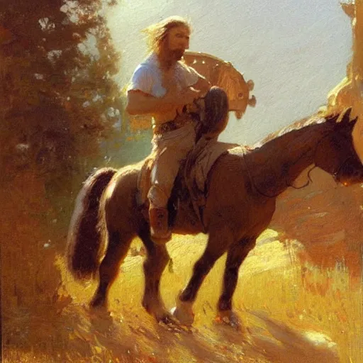 Image similar to a man with a pony tail haircut, painting by Gaston Bussiere, Craig Mullins