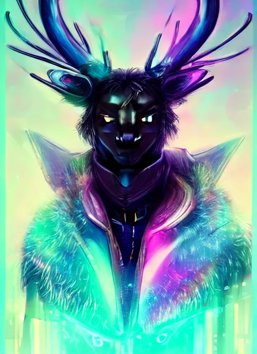 Image similar to award winning beautiful portrait commission of a male furry anthro Black Reindeer cyberpunk fursona with a tail, wings, wings, wings and a cute beautiful attractive detailed furry face wearing a crown, stylish black and rainbow galaxy clothes, outline, in a cyberpunk city at night while it rains. Character design by charlie bowater, ross tran, artgerm, and makoto shinkai, detailed, inked, western comic book art