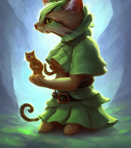 Image similar to cute little anthropomorphic Cat with big green eyes in summer dress, tiny, small, short, outfit, cute and adorable, pretty, beautiful, DnD character art portrait, matte fantasy painting, DeviantArt Artstation, by Jason Felix by Steve Argyle by Tyler Jacobson by Peter Mohrbacher, cinematic lighting