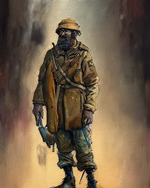 Image similar to a oil / watercolor painting full body character portrait of a homeless soldier past his prime in the style of moebius in the style of leonard boyarsky trending on artstation deviantart pinterest detailed photorealistic highlights and shadow hd 8 k post - processing high resolution