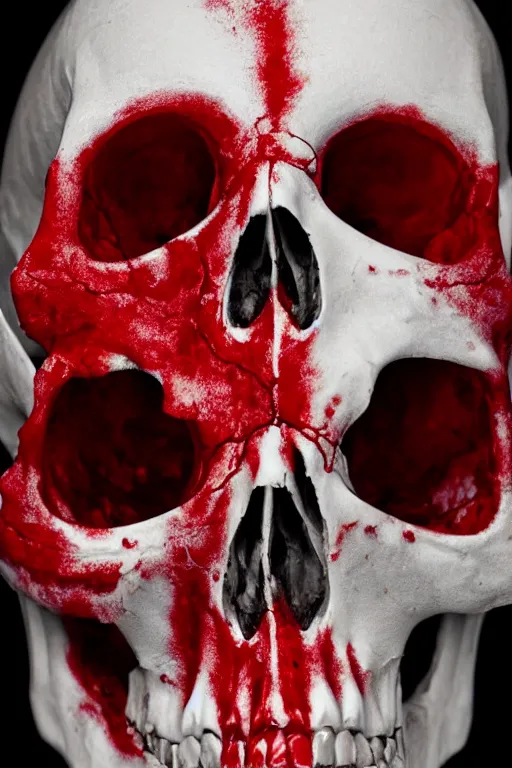 Prompt: portrait of a white skull covered in intricate red veins, studio lighting, dramatic lighting, realistic