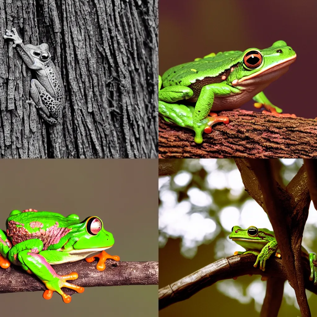 Prompt: thermal camera imagery of a frog on a tree branch