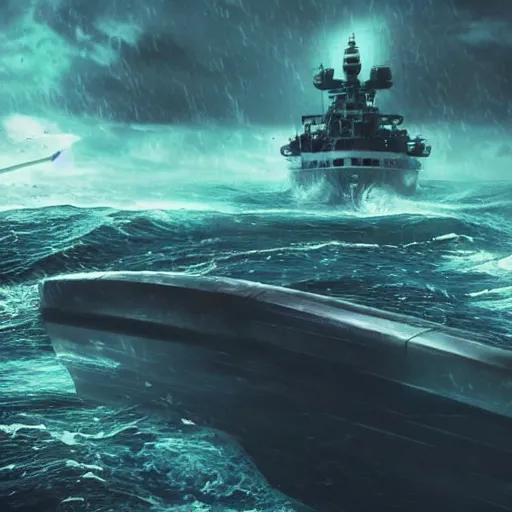 Image similar to semi futuristic warship being attacked by a sea monster, chaotic sea setting, ocean, unreal engine, octane render, cinematic, epic, rainy stormy night, chaotic, 8k, ultra detailed, Artstation, Trending on Artstation, Artstation HQ, Artstation HD, deviant art, Pinterest, digital art, reflections,