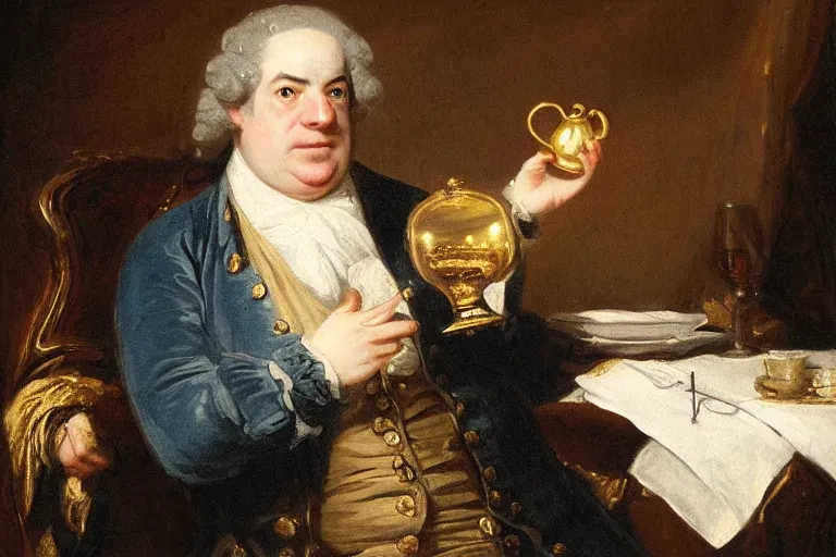 Image similar to Samuel Johnson sipping a tiny gold cup, meme, Sir Joshua Reynolds, 1775 oil painting, trending, /r/funny