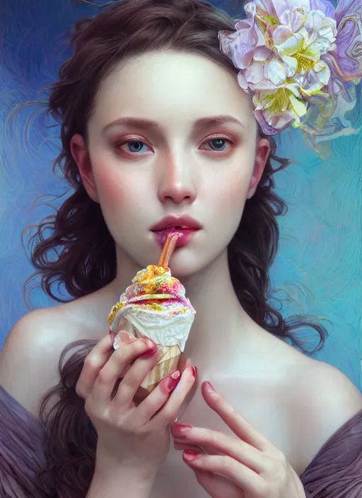 Image similar to a photorealistic detailed portrait of a beautiful girl eating ice cream, detailed, intricate, elegant, highly detailed, digital painting, artstation, concept art, smooth, sharp focus, illustration, art by hana yata, artem demura, alphonse mucha, octane render, unreal engine, 8 k