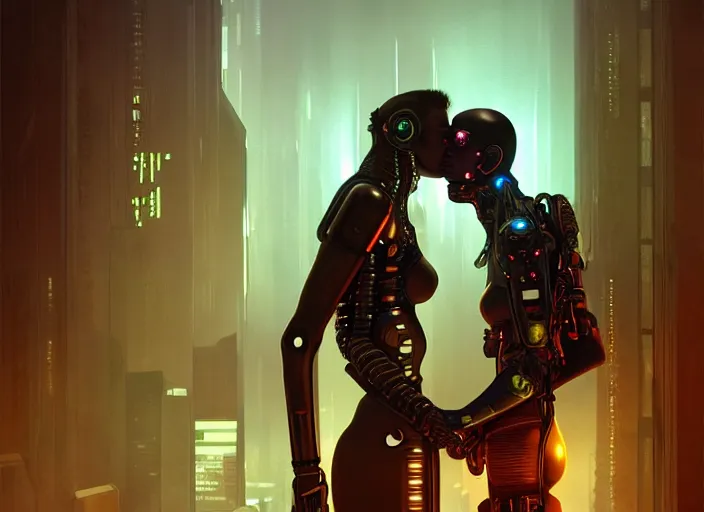 Image similar to ultra realistic medium shot of a couple of cyborgs kissing, lovers, cyberpunk, sci - fi, fantasy, kodak, colour led, soft light, volumetric lighting, fog, rays, night, intricate, highly detailed, digital painting, concept art, smooth, sharp focus, illustration, art by artgerm and greg rutkowski and alphonse mucha