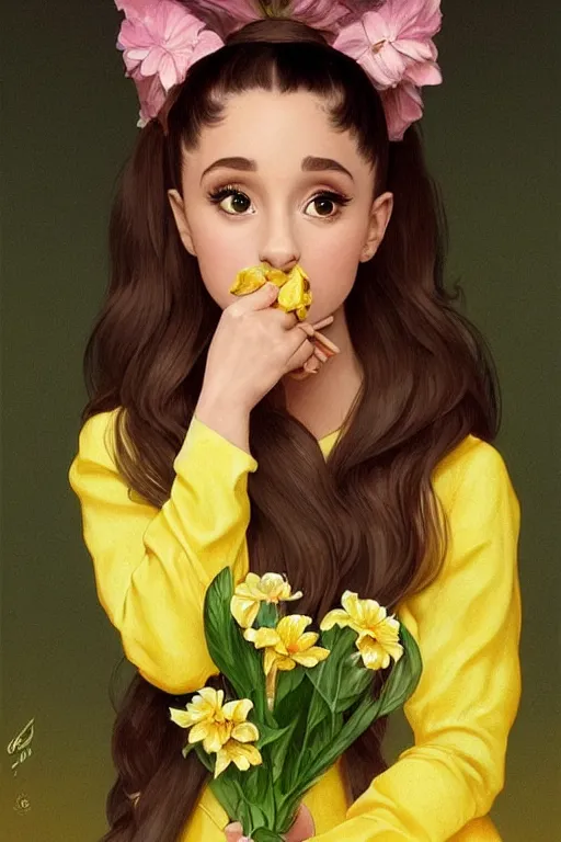 Image similar to beautiful cottagecore Ariana Grande holding a yellow colored vase. intricate, elegant. the background is yellow with voumetric lighting !. highly detailed, digital painting, artstation, concept art, smooth, sharp, focus, illustration. . art by artgerm and greg rutkowski and alphonse mucha