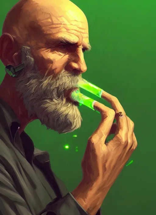 Prompt: a highly detailed illustration of bald old man smoking with green glowing eyes, dramatic cigarette in mouth pose, nuclear background, intricate, elegant, highly detailed, centered, digital painting, artstation, concept art, smooth, sharp focus, league of legends concept art, wlop.